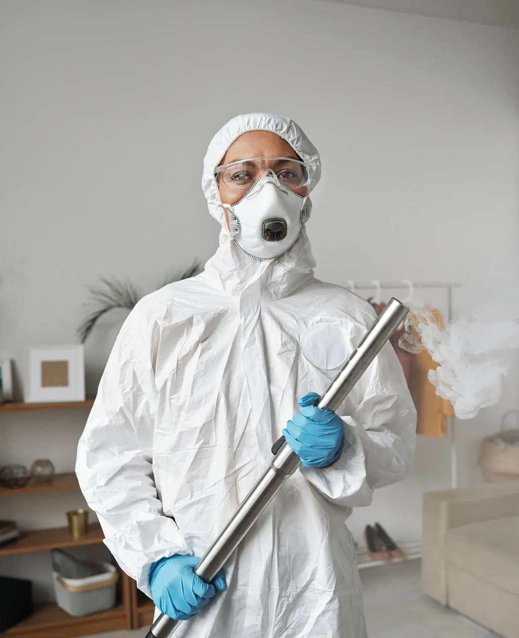 Technicien de dératisation en combinaison blanche, masque et gants, tenant une lance de traitement